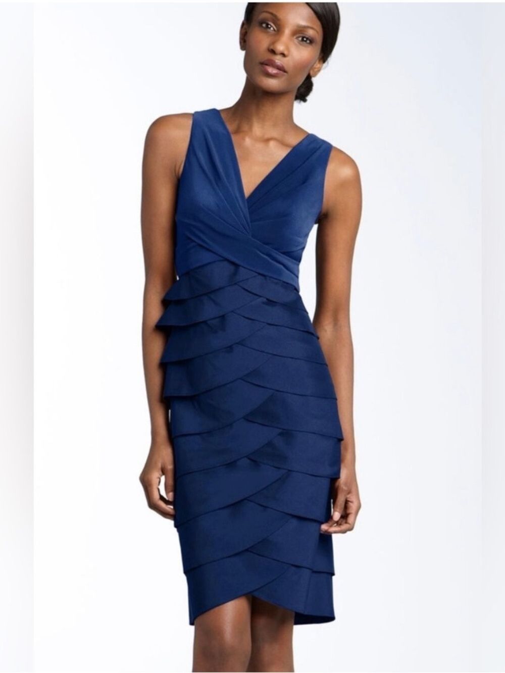 Adrianna Papell Blue Sheath Midi Tiered Chiffon Taffeta Dress Pleated, Size 4